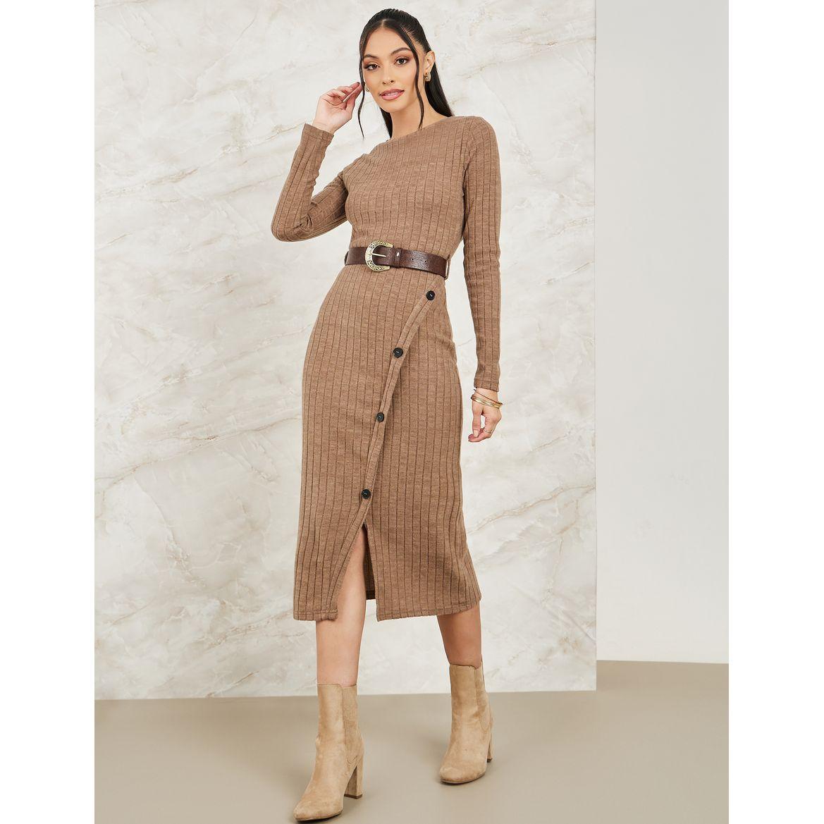 Styli Asymmetrical Button Detail Knit Sweater Midi Dress-women-clothing-dresses-image-1