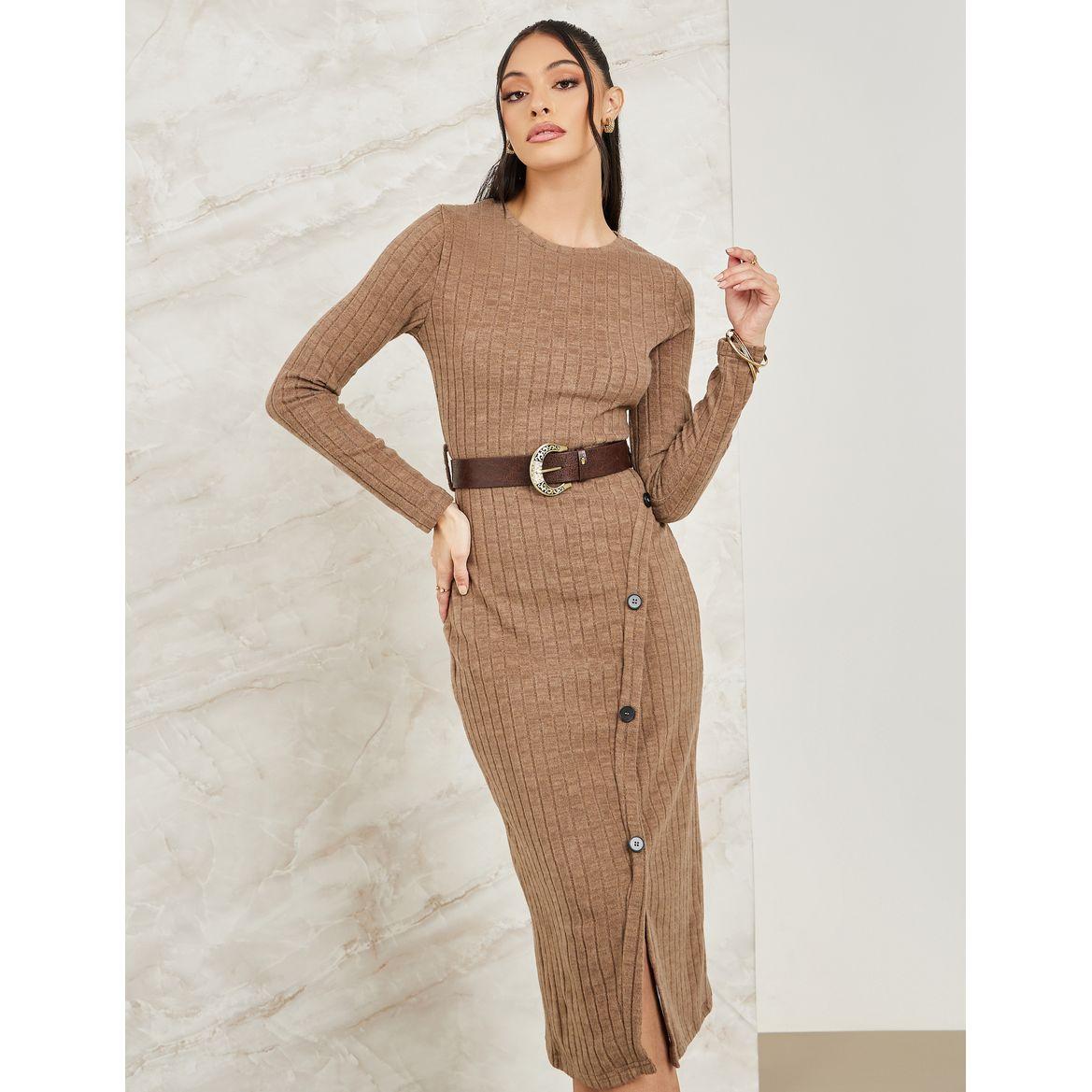 فستان ميدي محبوك ومزين بأزرار-women-clothing-dresses-image-2