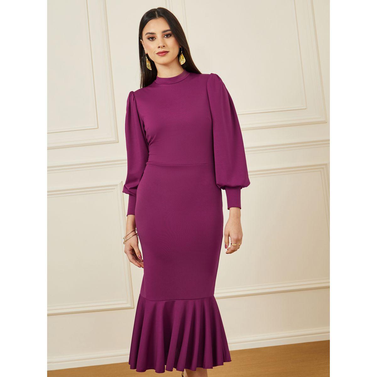 Styli High Neck Sheath Midi Dress with Frill Hem-women-clothing-dresses-image-2