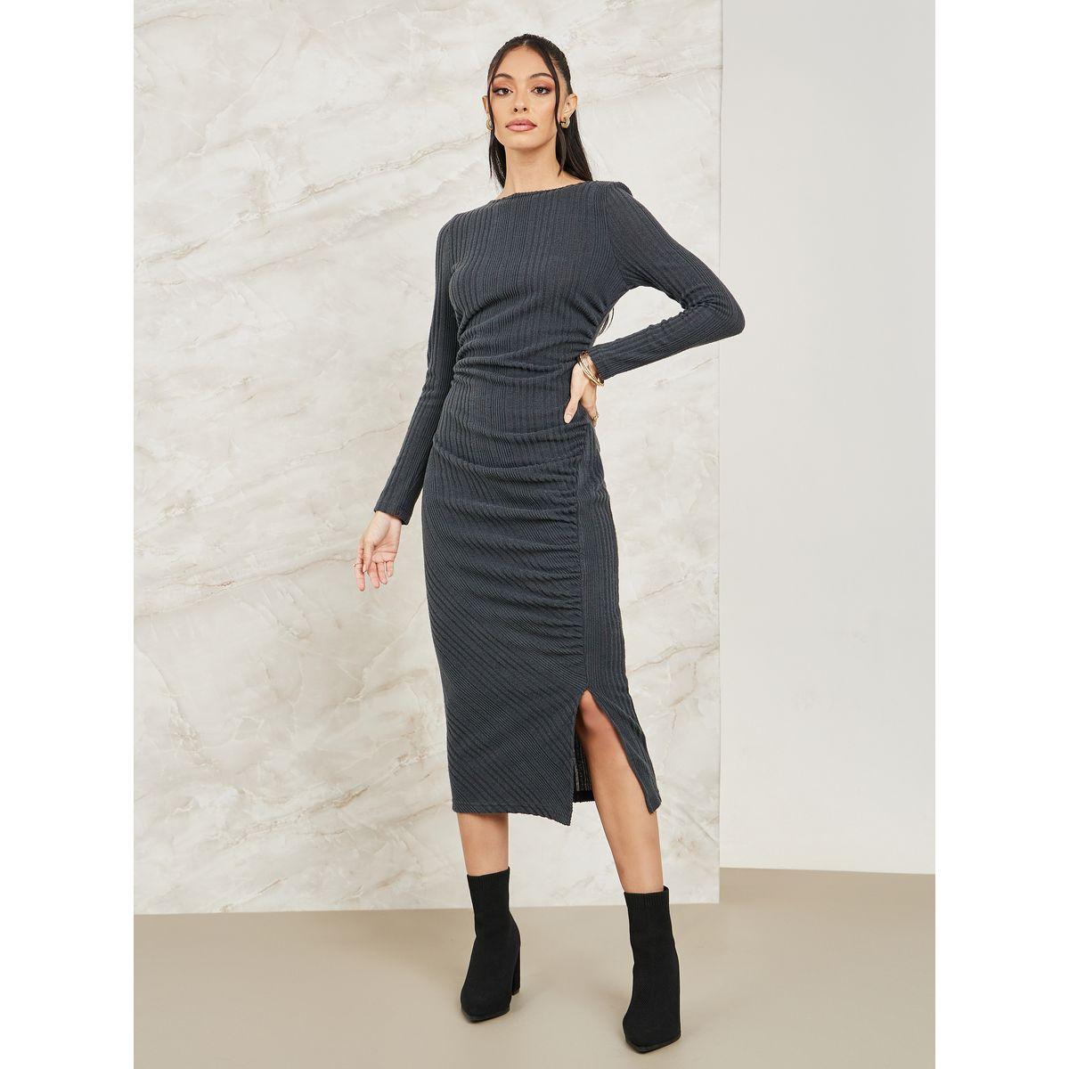 Styli Ribbed Knit Bodycon Midi Dress with Side Slit-women-clothing-dresses-image-1