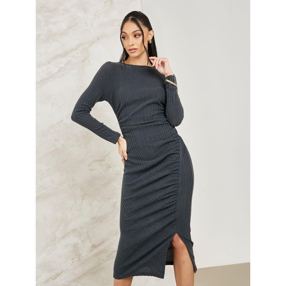 Styli Ribbed Knit Bodycon Midi Dress with Side Slit-women-clothing-dresses-image-2