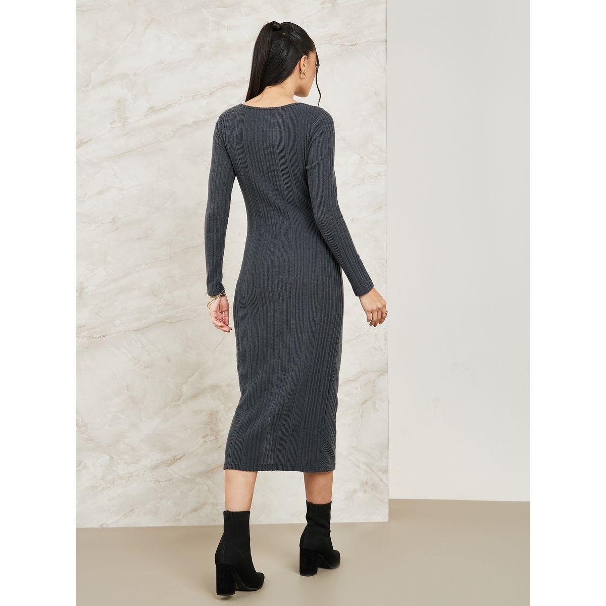 Styli Ribbed Knit Bodycon Midi Dress with Side Slit-women-clothing-dresses-image-4