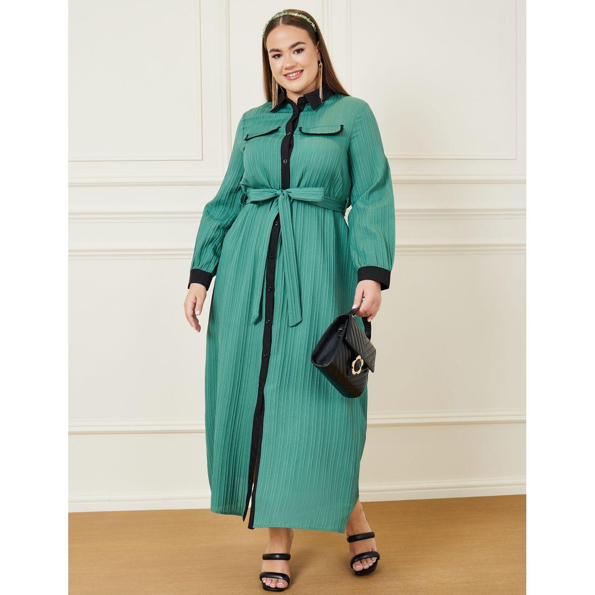 Styli Plus Textured A-Line Maxi Dress with Tie Belt-women-clothing-dresses-image-1
