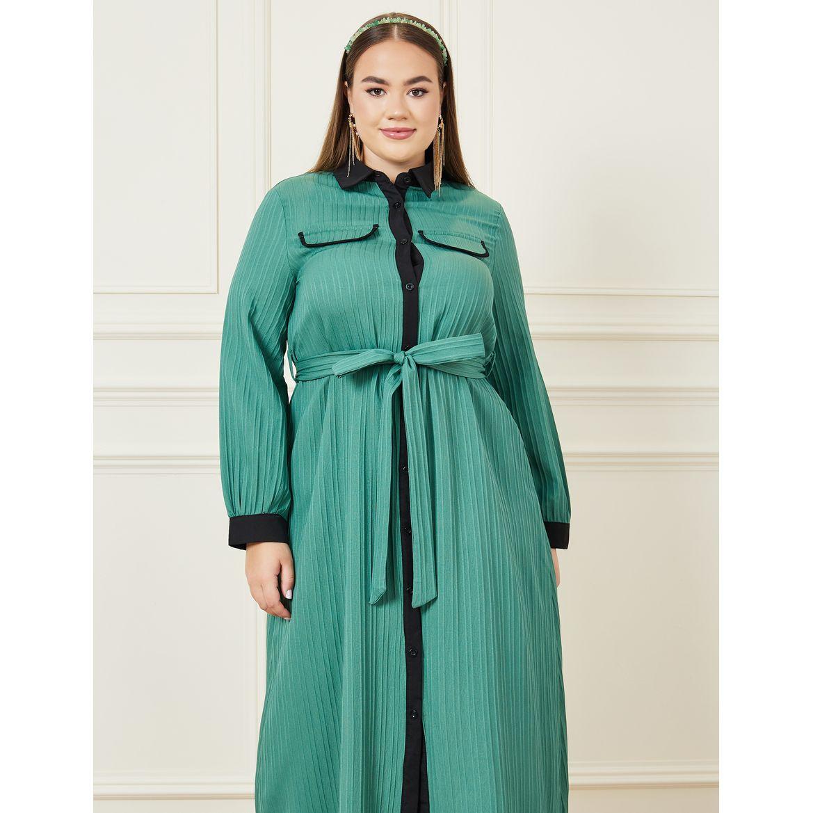 Styli Plus Textured A-Line Maxi Dress with Tie Belt-women-clothing-dresses-image-2