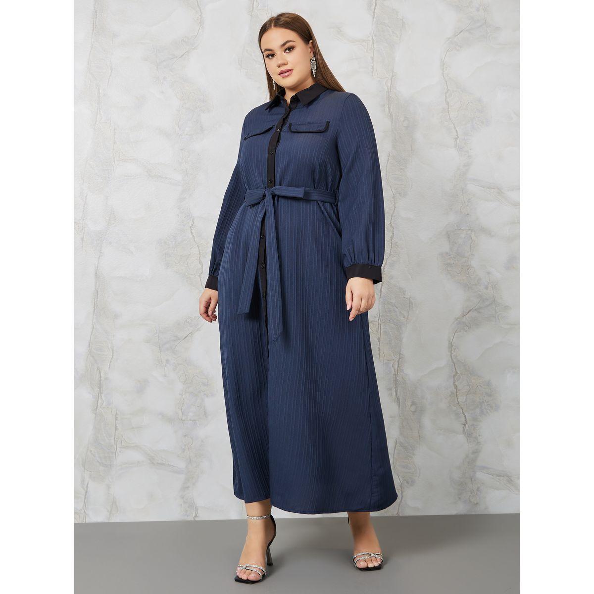 Styli Plus Textured A-Line Maxi Dress with Tie Belt-women-clothing-dresses-image-1
