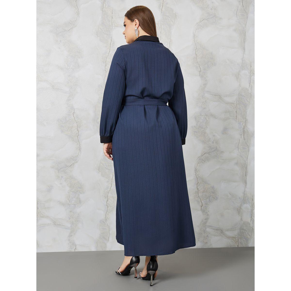 Styli Plus Textured A-Line Maxi Dress with Tie Belt-women-clothing-dresses-image-4