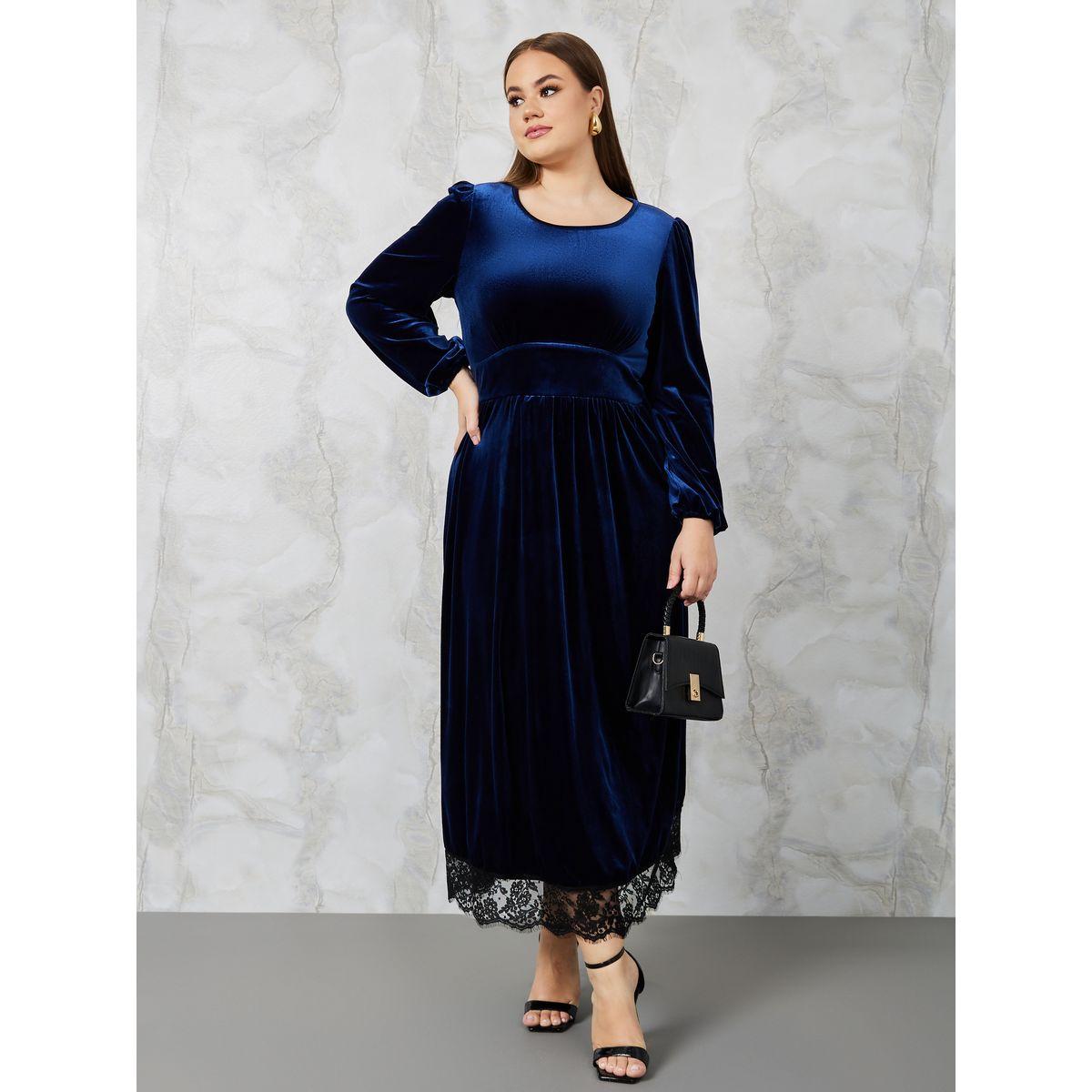 Styli Plus Lace Hem Insert Velvet A-Line Maxi Dress-women-clothing-dresses-image-1
