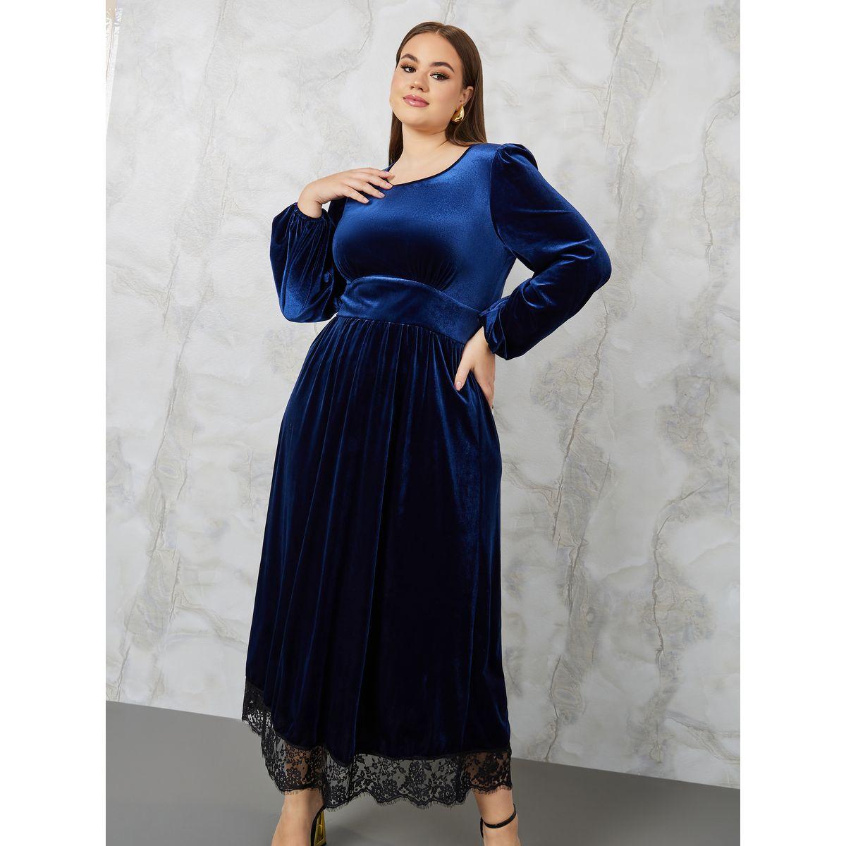 Styli Plus Lace Hem Insert Velvet A-Line Maxi Dress-women-clothing-dresses-image-2