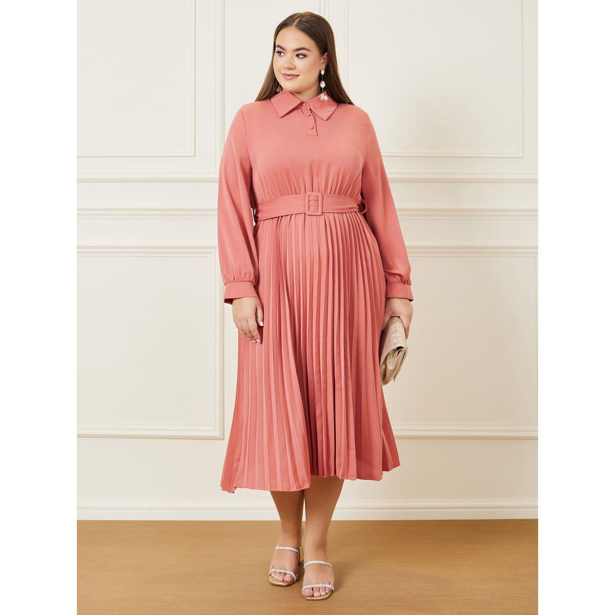 Styli Plus Pleated Hem Belted Midi Dress-women-clothing-dresses-image-1