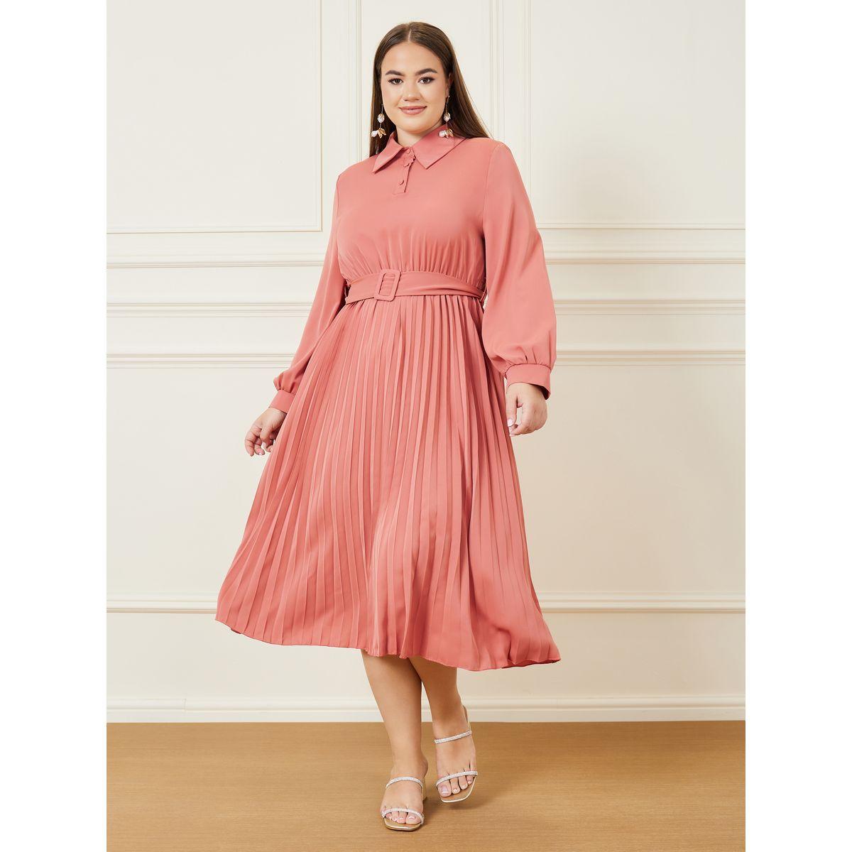 Styli Plus Pleated Hem Belted Midi Dress-women-clothing-dresses-image-2
