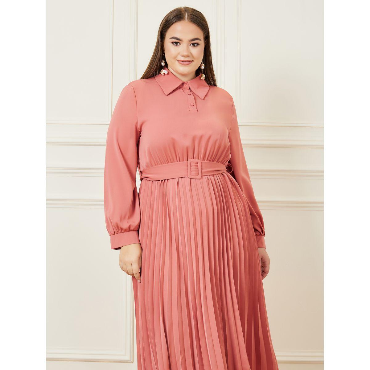 Styli Plus Pleated Hem Belted Midi Dress-women-clothing-dresses-image-3