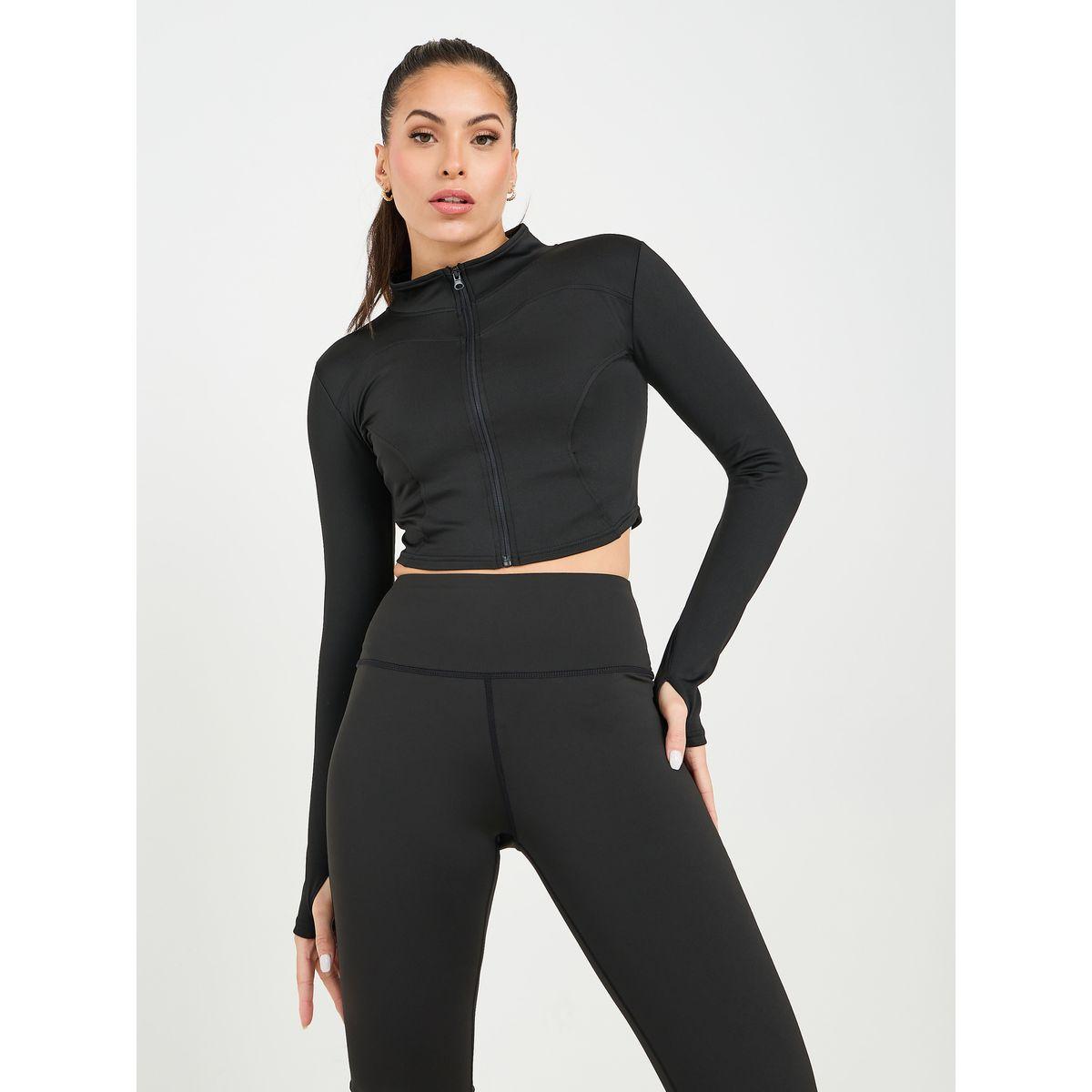 Styli Active Multi Panel Thumbhole Detail Zip Up Crop Jacket & Flared Leggings Set-sports-women-clothing-trackpantsandtracksuits-image-5