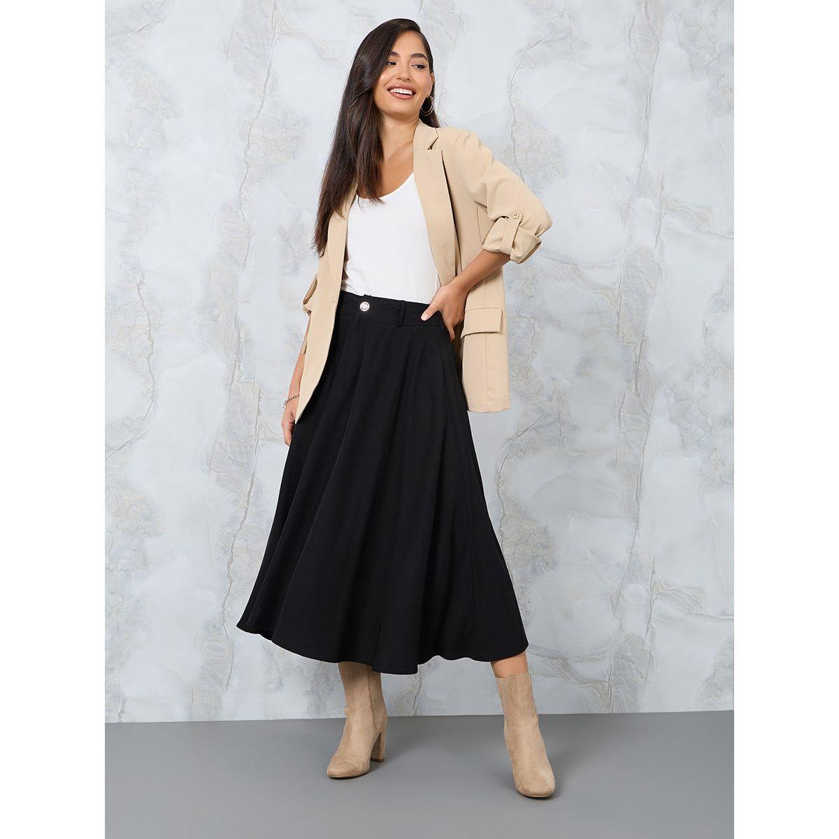 Styli Solid A-Line Midi Skirt with Belt Loops-women-clothing-bottoms-skirts-image-1