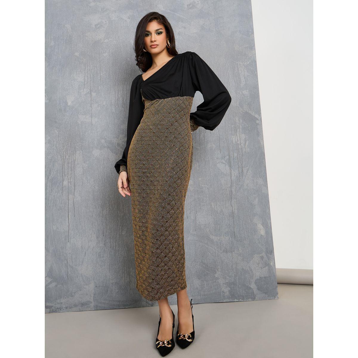 Styli Colorblock Asymmetric Neck Bodycon Midi Dress-women-clothing-dresses-image-1