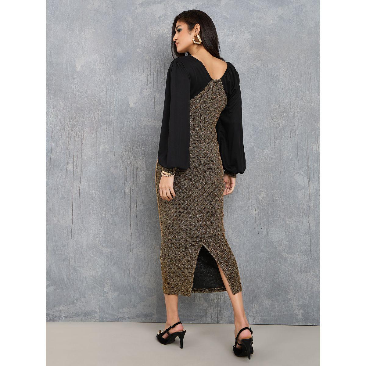Styli Colorblock Asymmetric Neck Bodycon Midi Dress-women-clothing-dresses-image-4