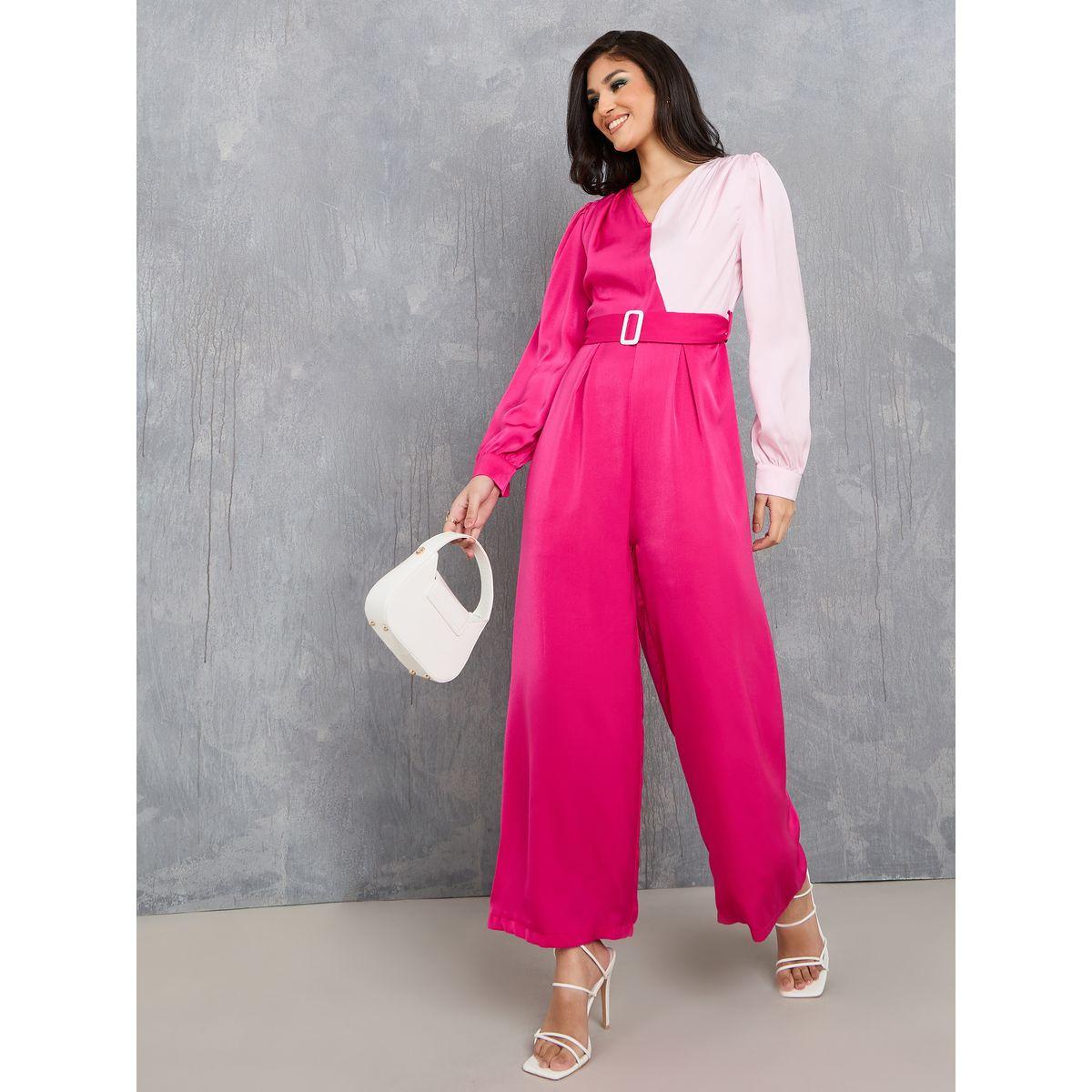 Styli Satin Colorblock Belted Wide Leg Jumpsuit-women-clothing-jumpsuits-image-1