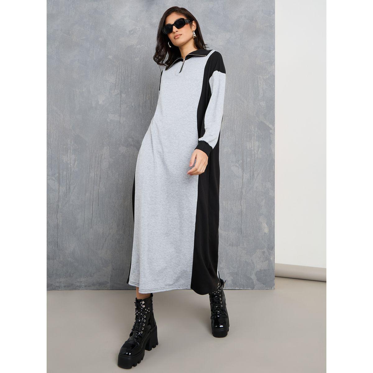 Styli Colorblock Sweatshirt Maxi Dress with Half Zip Detail-women-clothing-dresses-image-1