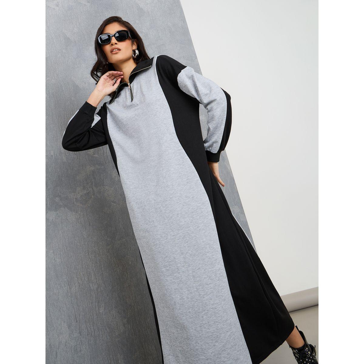 Styli Colorblock Sweatshirt Maxi Dress with Half Zip Detail-women-clothing-dresses-image-2