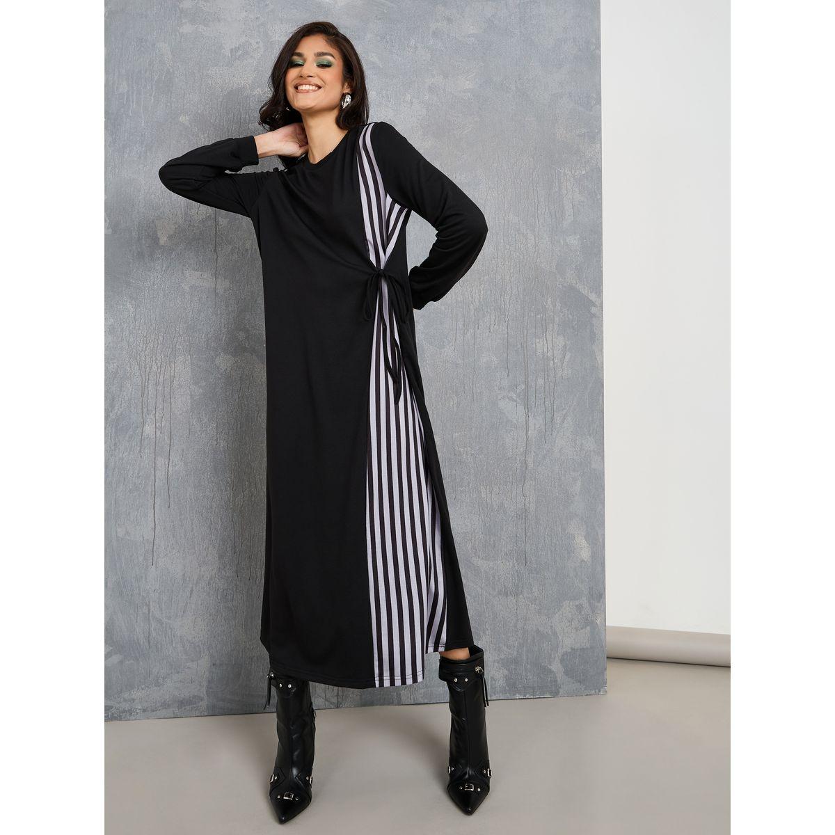 Styli Contrast Side Stripe Tie Waist A-Line Maxi Dress-women-clothing-dresses-image-1