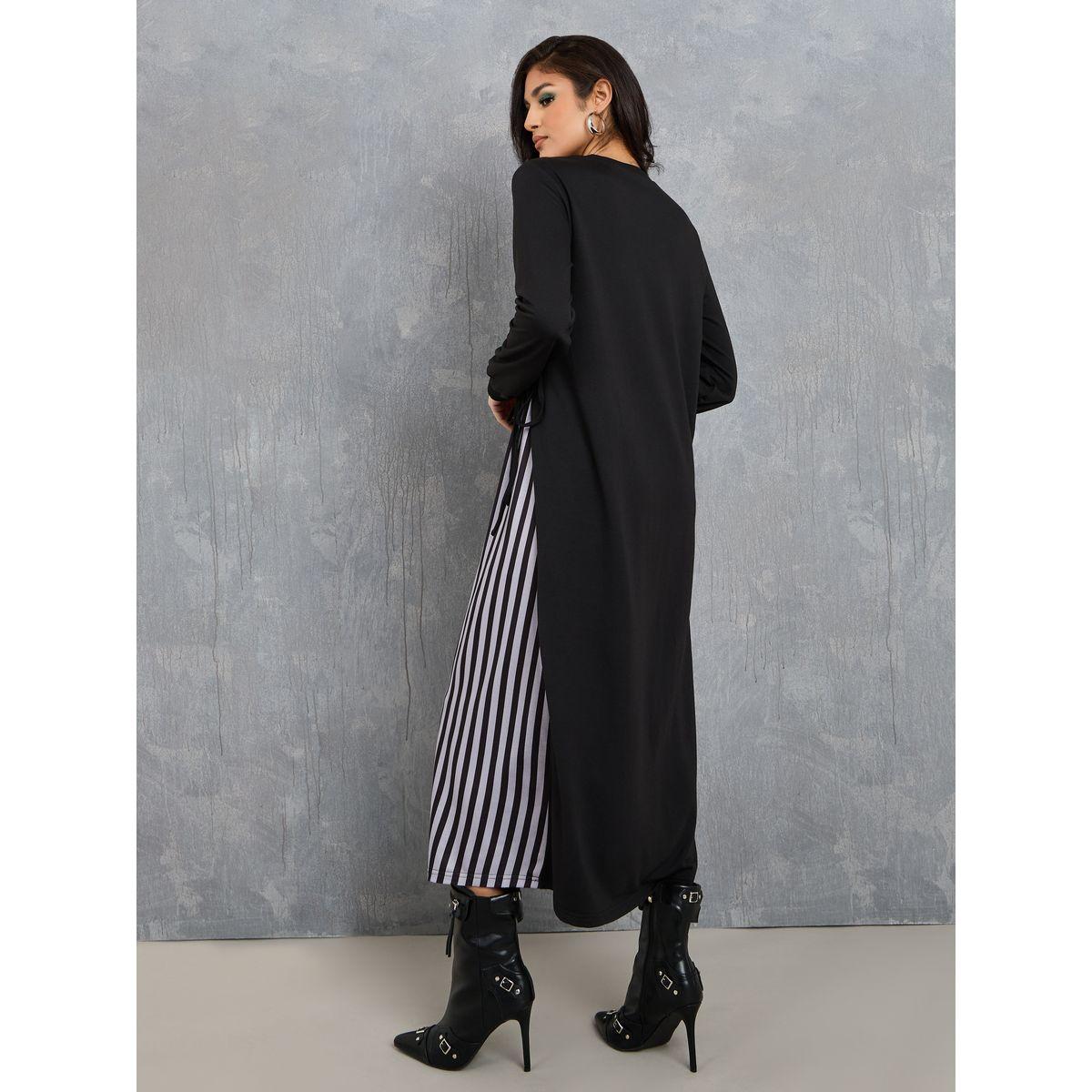 Styli Contrast Side Stripe Tie Waist A-Line Maxi Dress-women-clothing-dresses-image-4