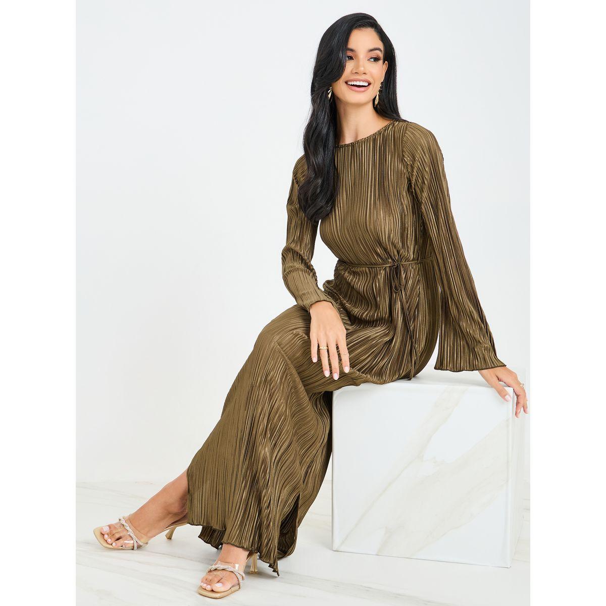 Styli Plisse Round Neck Shift Maxi Dress with Slit Hem-women-clothing-dresses-image-1