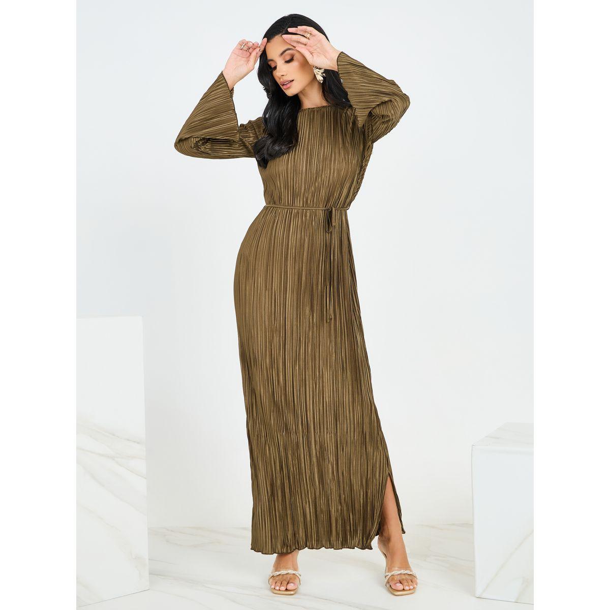 فستان طويل بليسيه مع حافة بشق-women-clothing-dresses-image-2