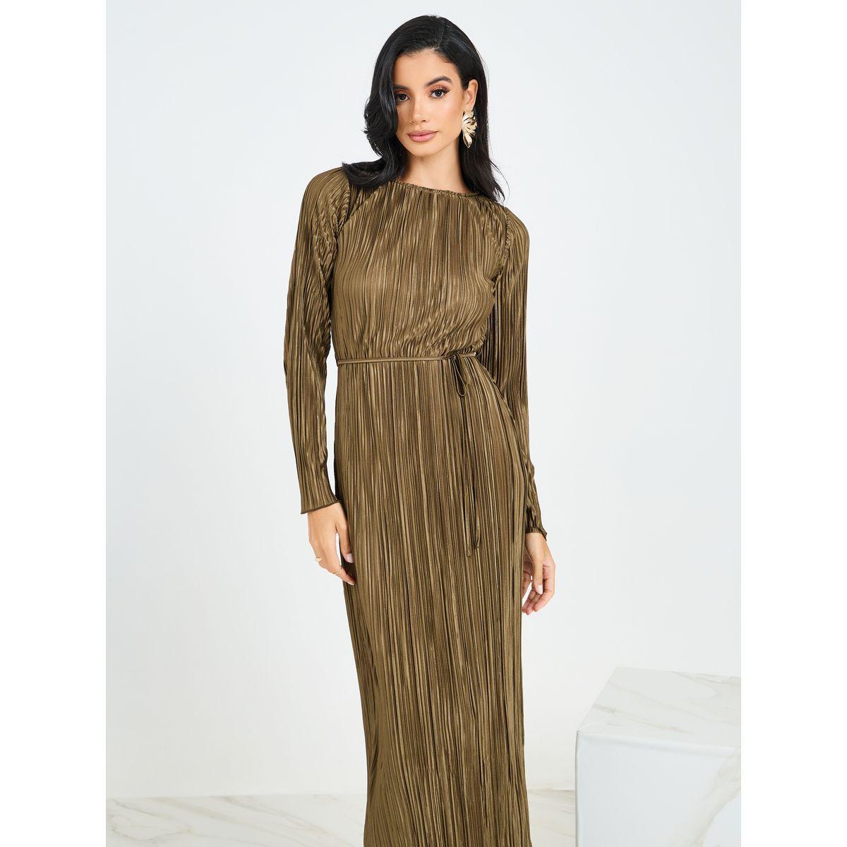 Styli Plisse Round Neck Shift Maxi Dress with Slit Hem-women-clothing-dresses-image-3