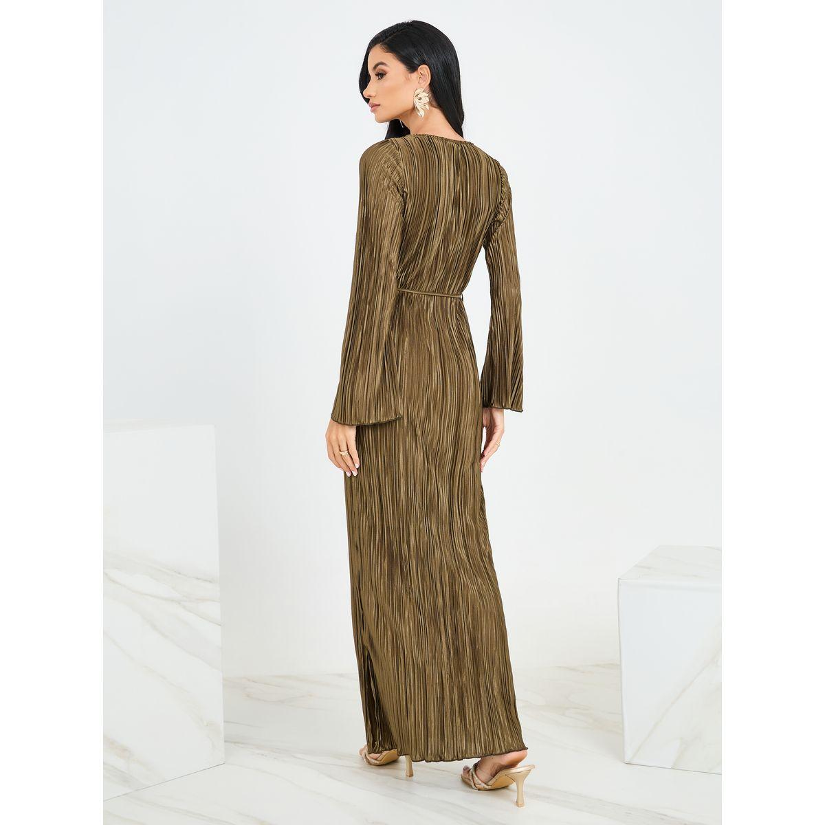 Styli Plisse Round Neck Shift Maxi Dress with Slit Hem-women-clothing-dresses-image-5