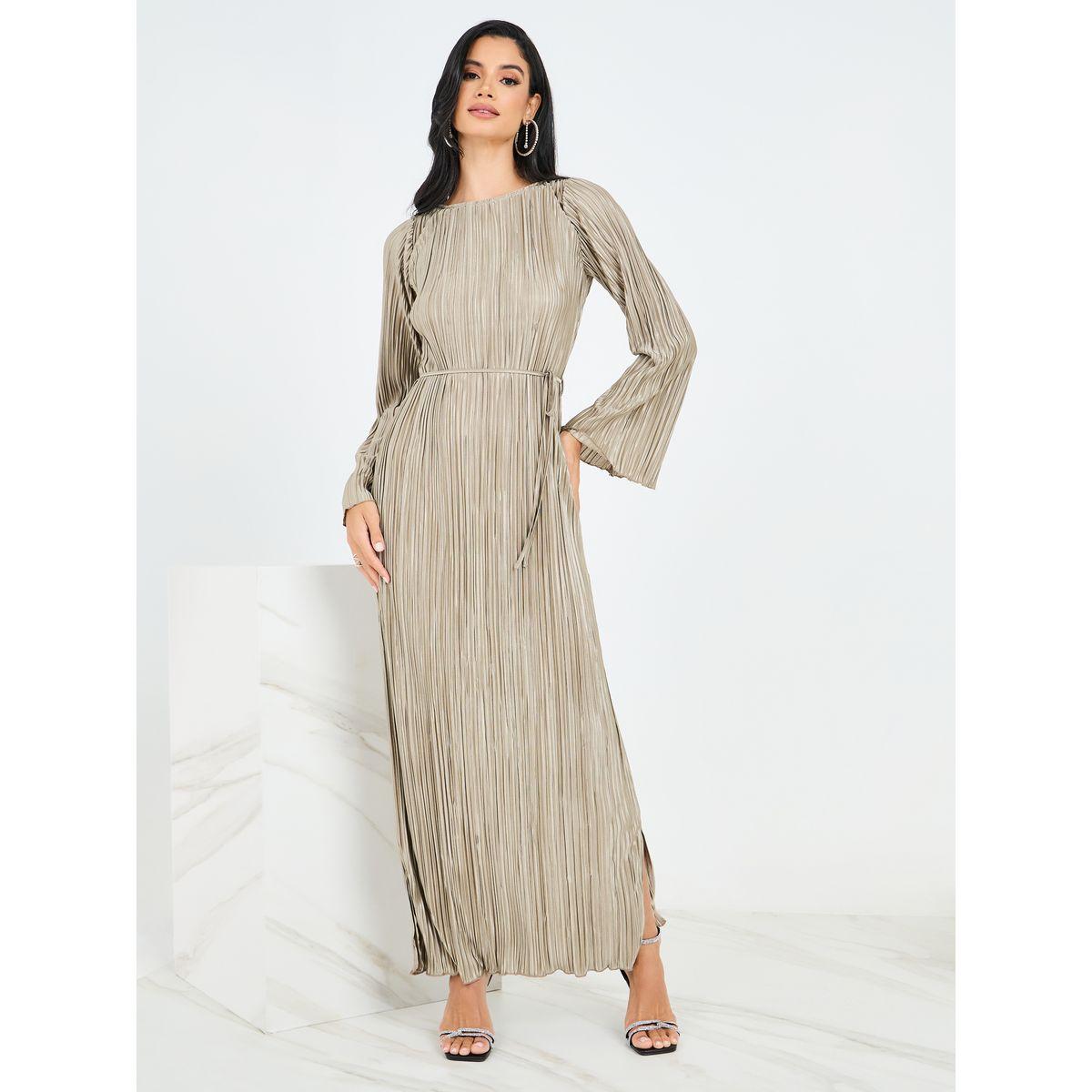 فستان طويل بليسيه مع حافة بشق-women-clothing-dresses-image-1