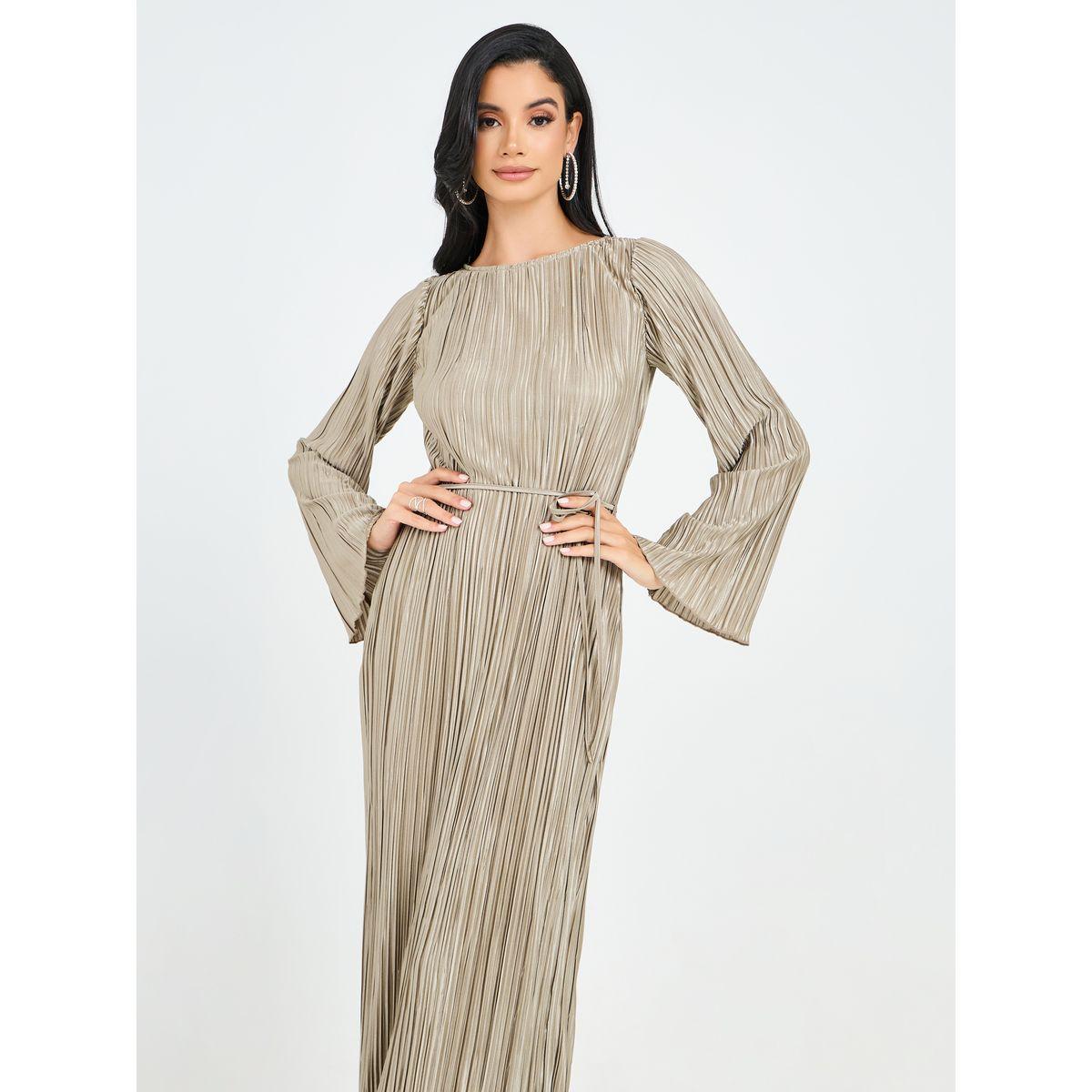 Styli Plisse Round Neck Shift Maxi Dress with Slit Hem-women-clothing-dresses-image-2