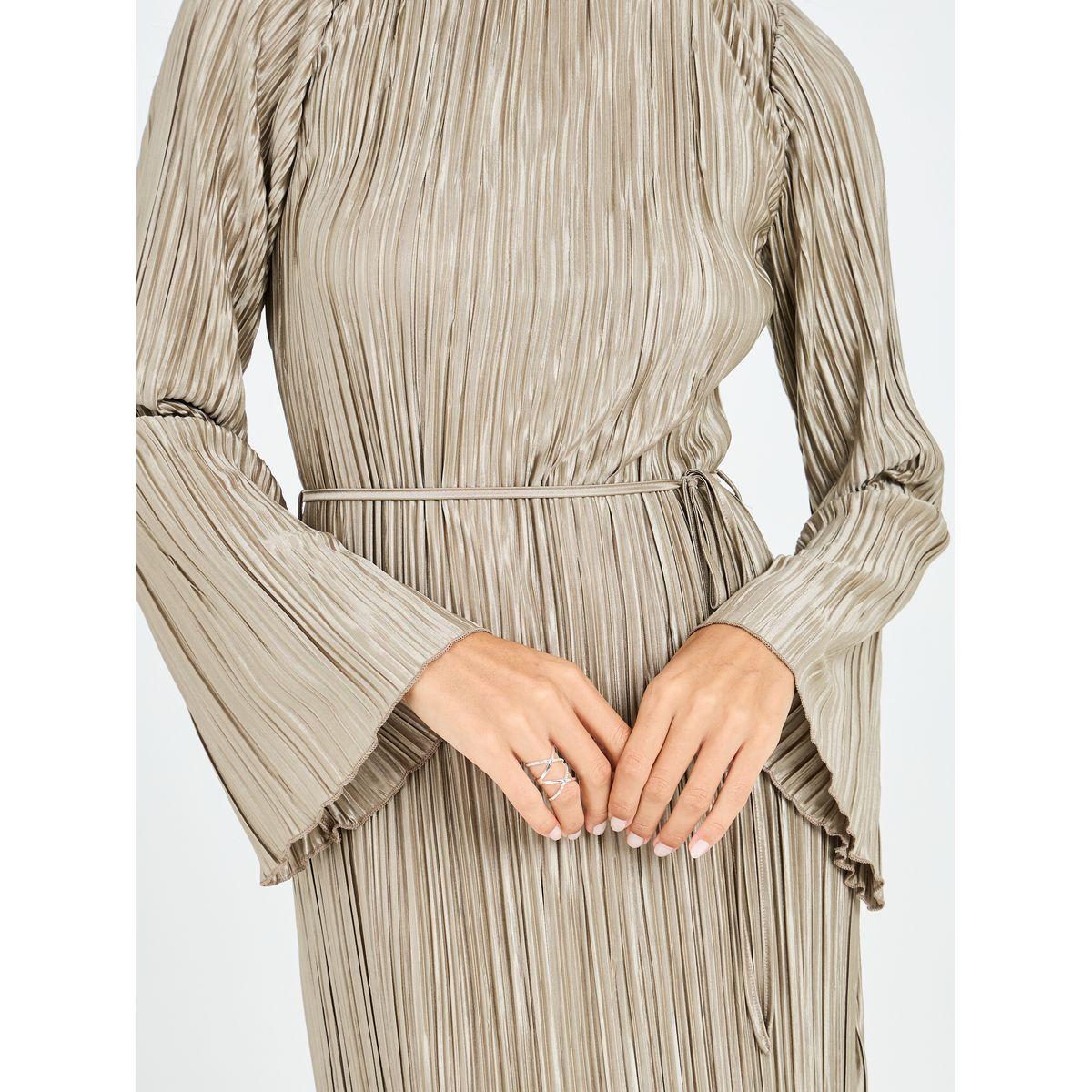 Styli Plisse Round Neck Shift Maxi Dress with Slit Hem-women-clothing-dresses-image-3