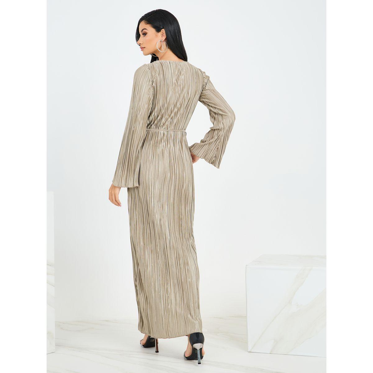 فستان طويل بليسيه مع حافة بشق-women-clothing-dresses-image-4