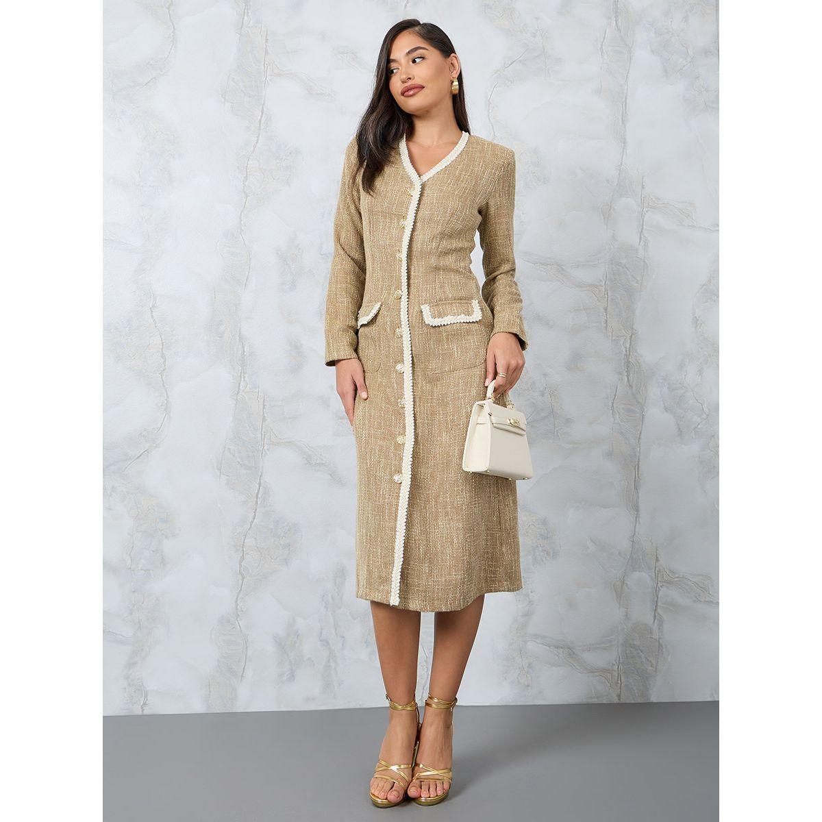 فستان تويد ميدي بأزرار غلق-women-clothing-dresses-image-2