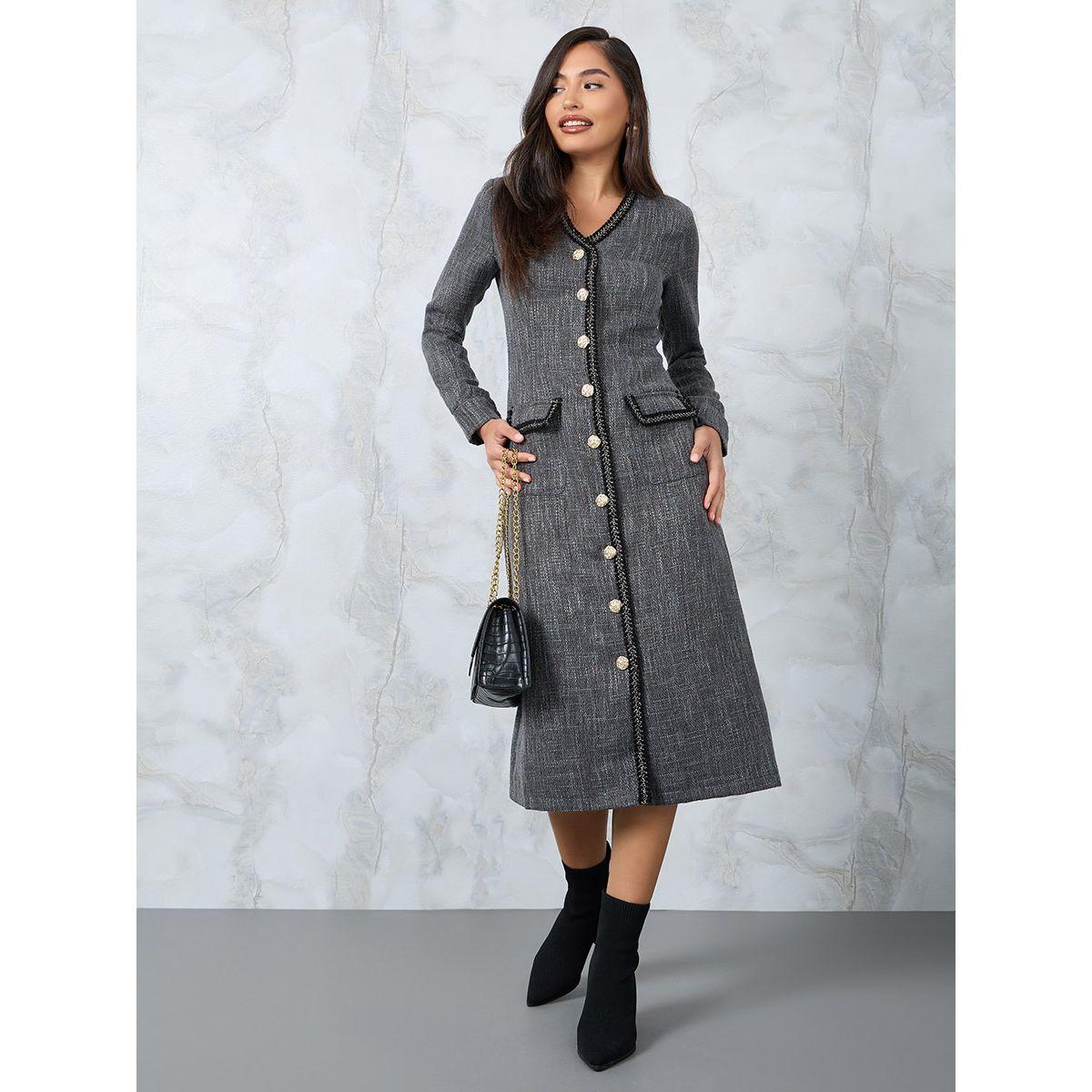 فستان تويد ميدي بأزرار غلق-women-clothing-dresses-image-1