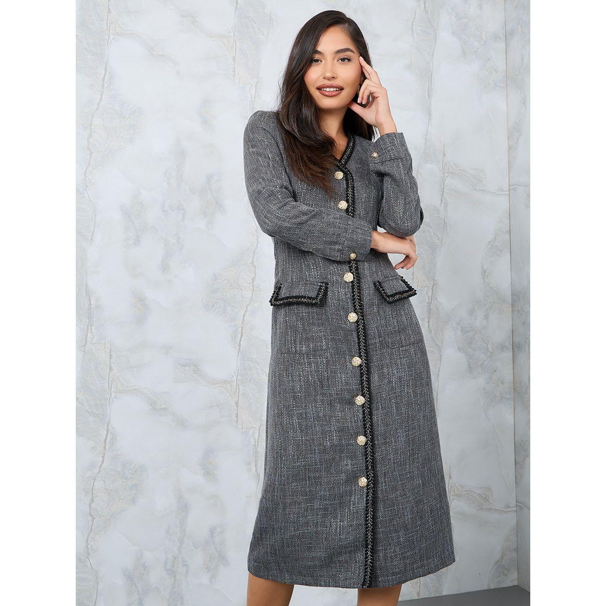 Styli V Neck Tweed Shirt Midi Dress with Flap Detail-women-clothing-dresses-image-2
