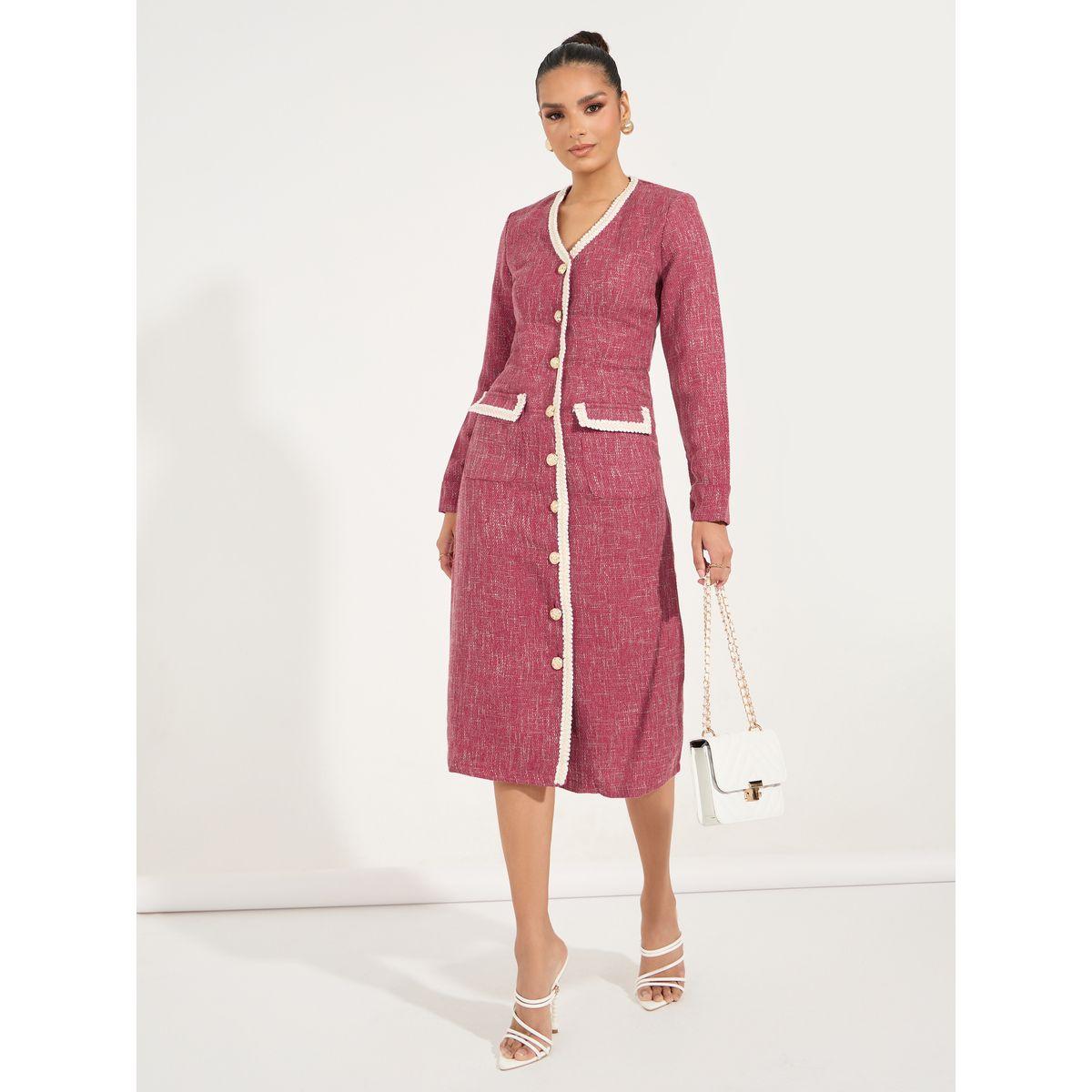 Styli V Neck Tweed Midi Dress with Flap Detail-women-clothing-dresses-image-1