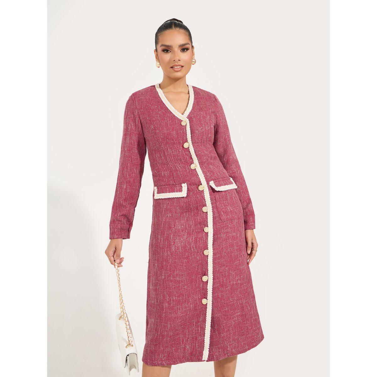 Styli V Neck Tweed Midi Dress with Flap Detail-women-clothing-dresses-image-2