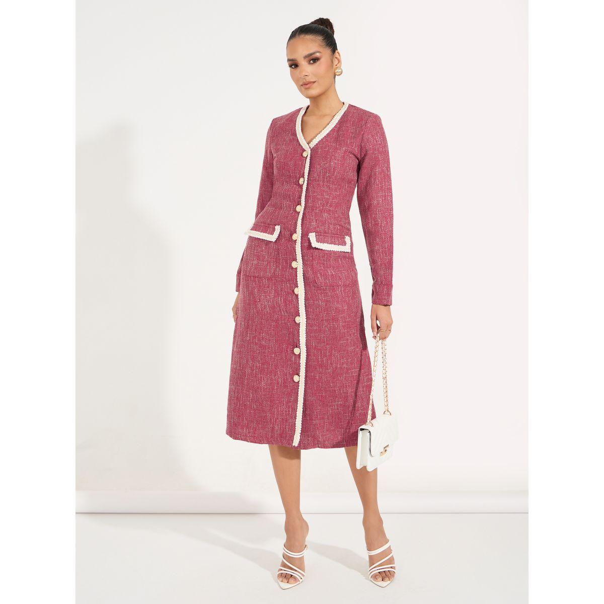 Styli V Neck Tweed Midi Dress with Flap Detail-women-clothing-dresses-image-4