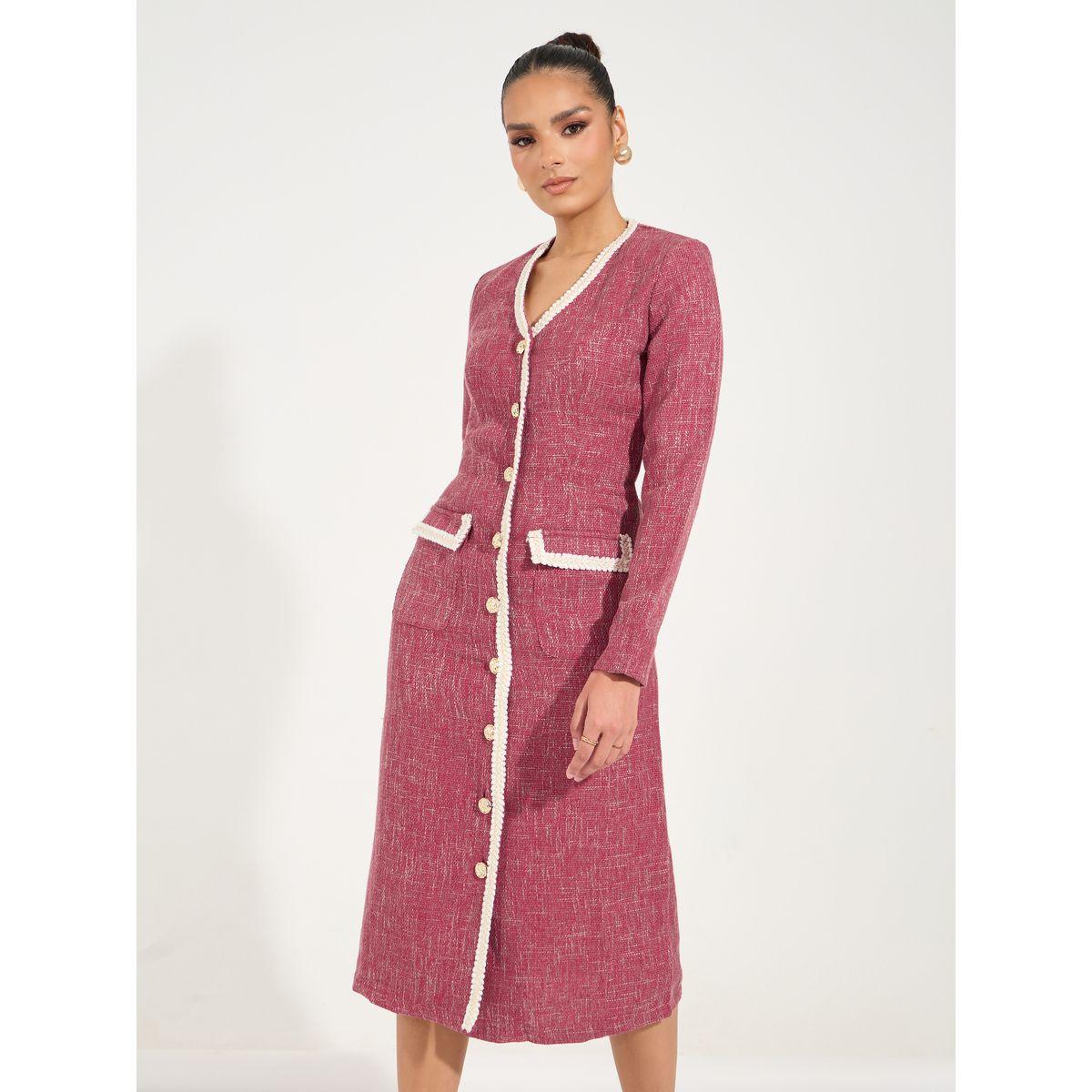 Styli V Neck Tweed Midi Dress with Flap Detail-women-clothing-dresses-image-5