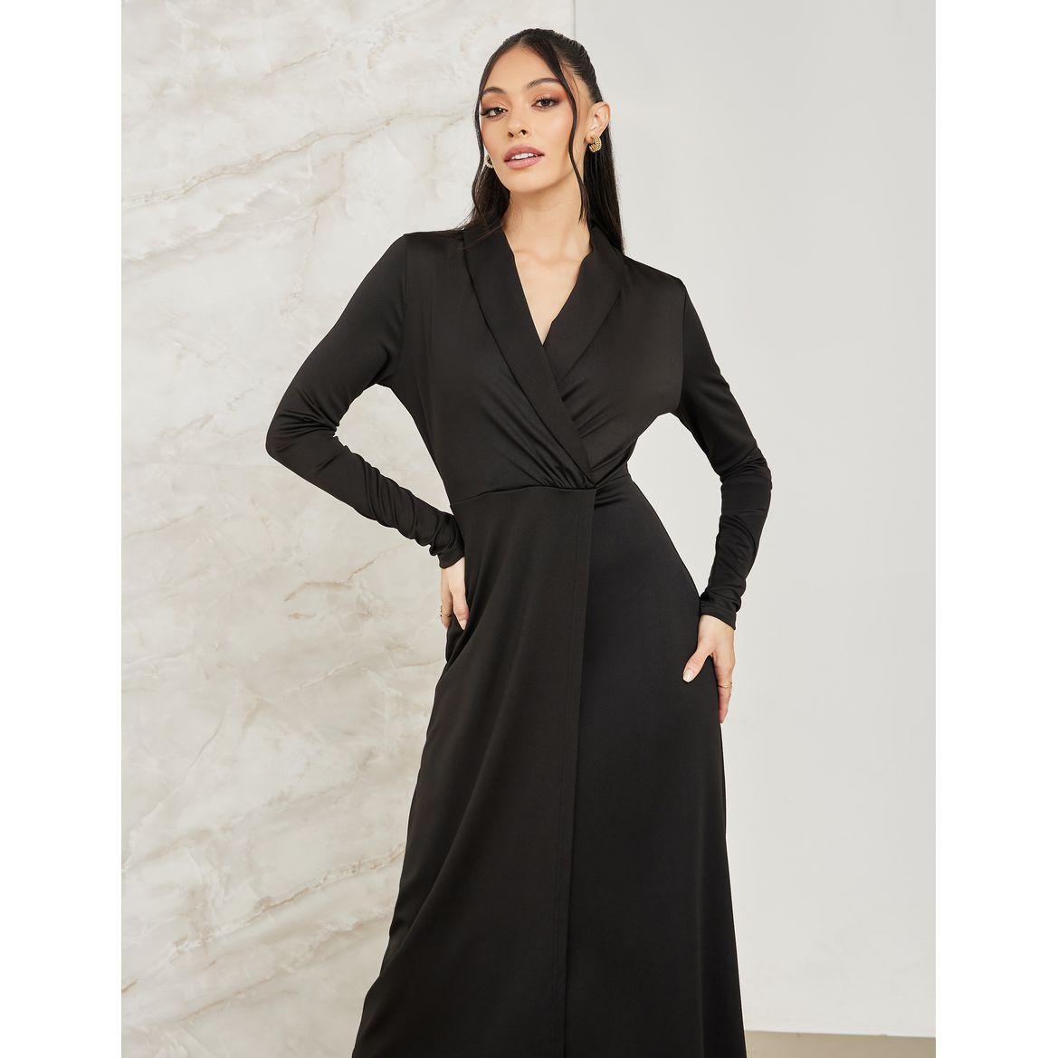 Styli Solid Wrap Front A-Line Midi Dress-women-clothing-dresses-image-2