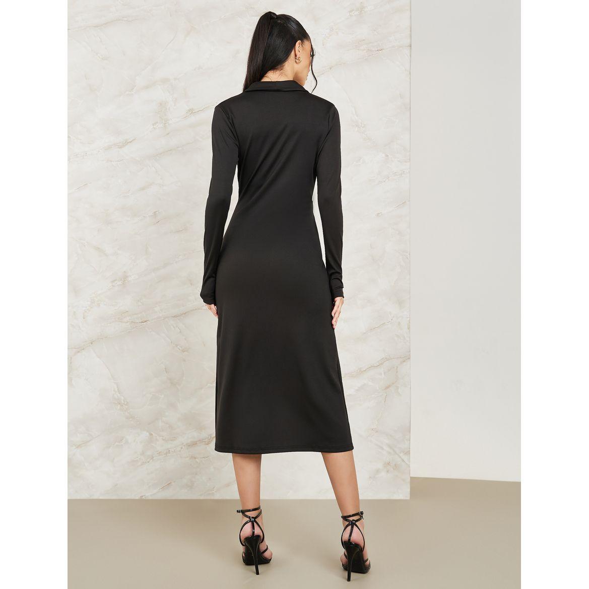Styli Solid Wrap Front A-Line Midi Dress-women-clothing-dresses-image-4