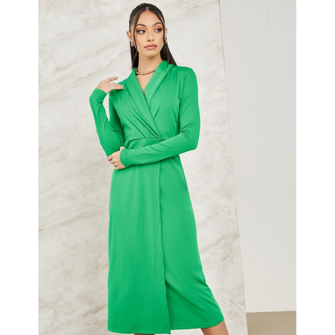 Styli Solid Wrap Front A-Line Midi Dress-women-clothing-dresses-image-2