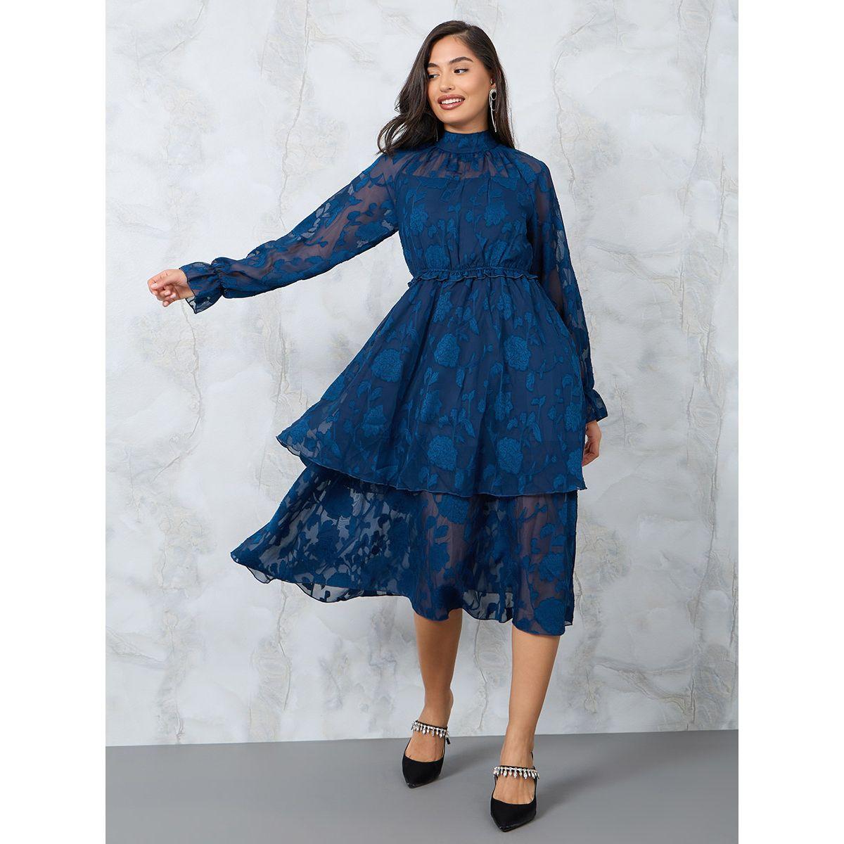 Styli Jacquard Layered Midi Dress with High Neck-women-clothing-dresses-image-1