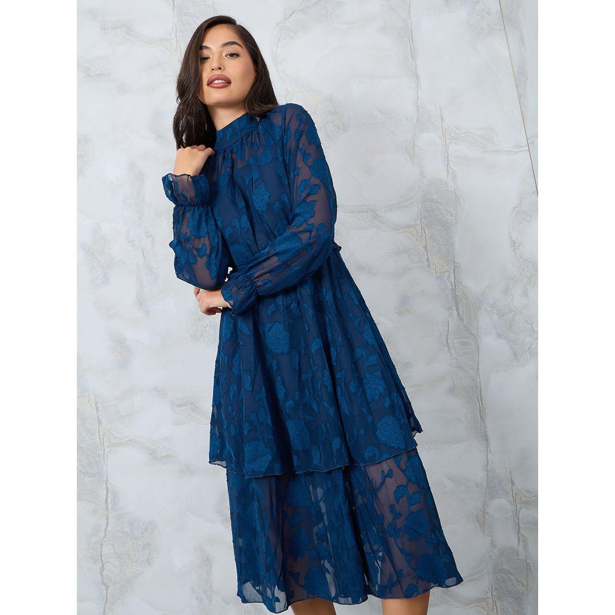 Styli Jacquard Layered Midi Dress with High Neck-women-clothing-dresses-image-2