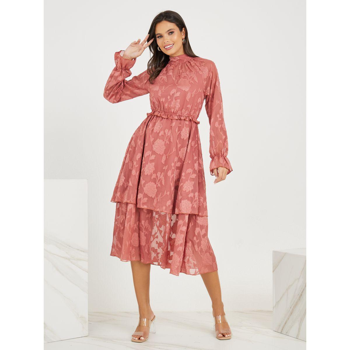 فستان ميدي جاكار بياقة عالية-women-clothing-dresses-image-1