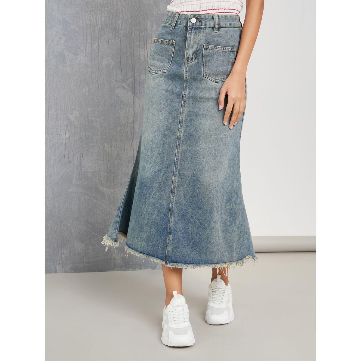 Styli Frayed Edge Denim Skirt with Patch Pocket-women-clothing-bottoms-skirts-image-1