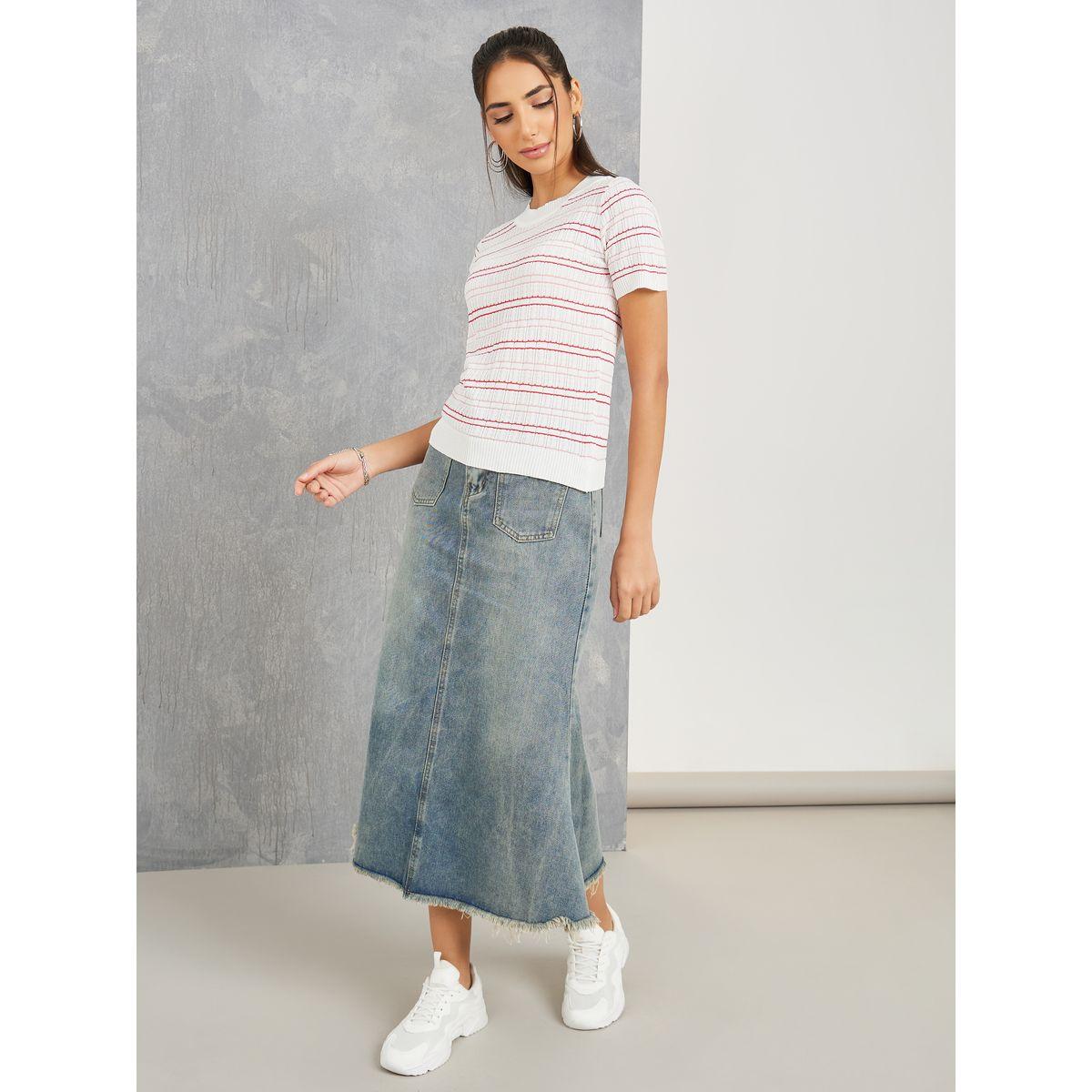 Styli Frayed Edge Denim Skirt with Patch Pocket-women-clothing-bottoms-skirts-image-2
