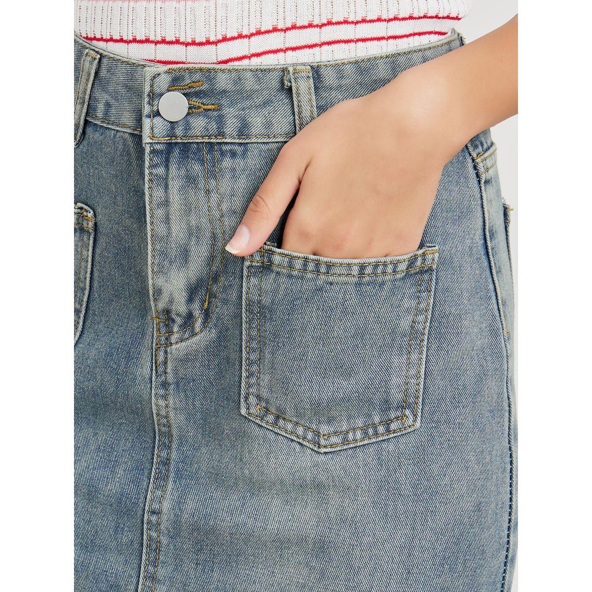 Styli Frayed Edge Denim Skirt with Patch Pocket-women-clothing-bottoms-skirts-image-3