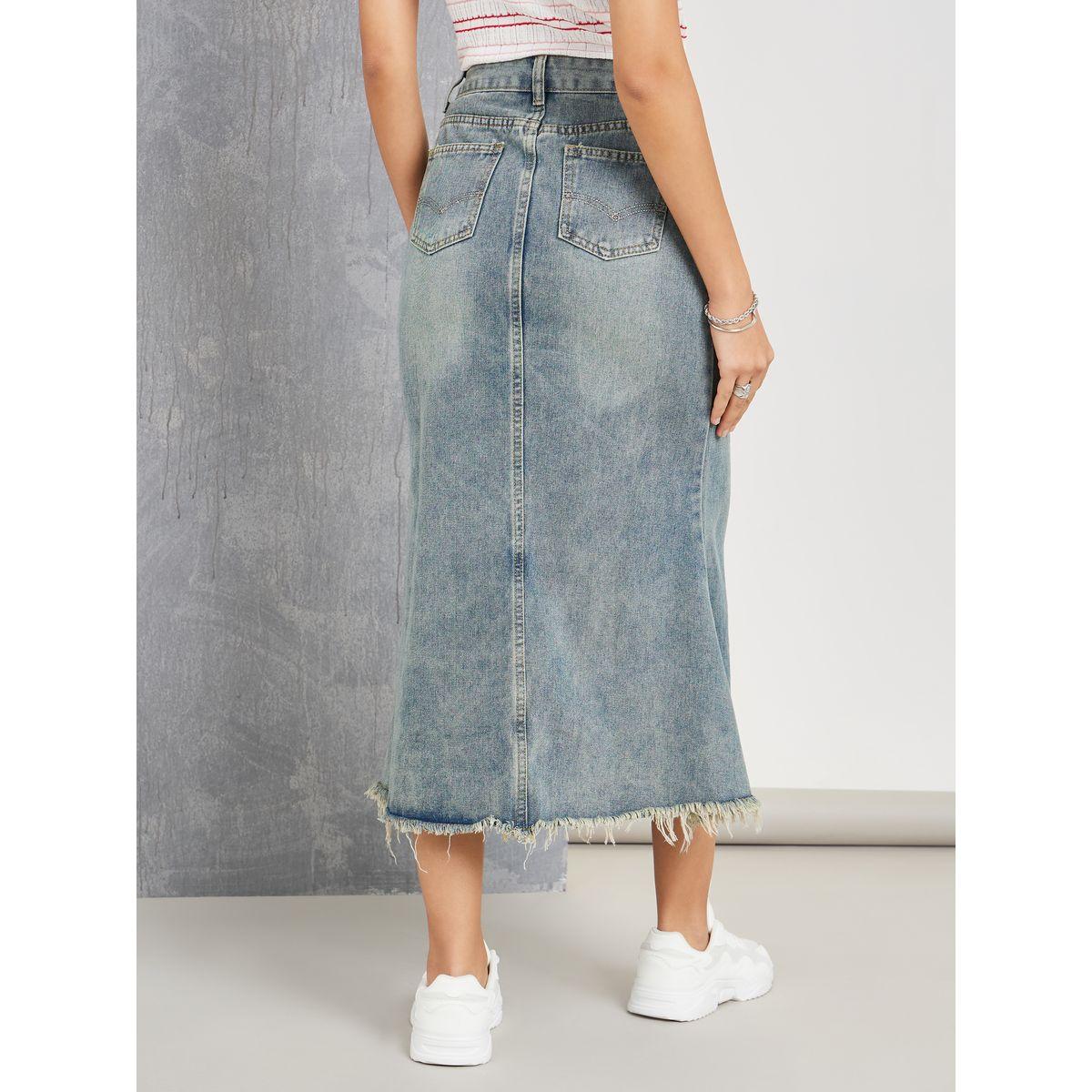 Styli Frayed Edge Denim Skirt with Patch Pocket-women-clothing-bottoms-skirts-image-4