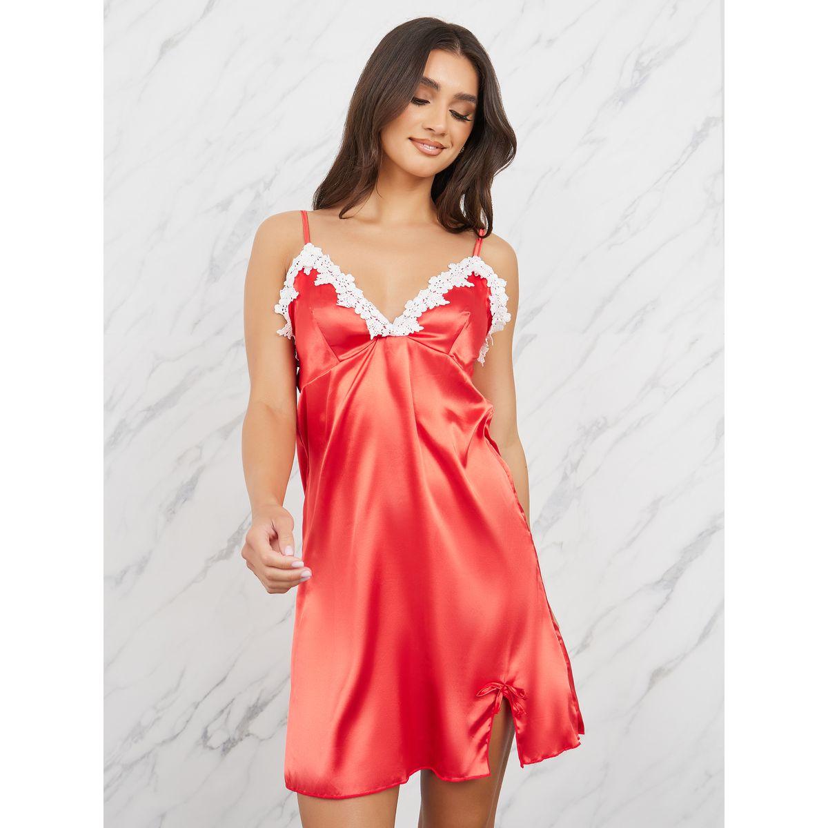 Styli Floral Lace Trim Satin Slip Dress with Slit Hem Bow Detail-women-clothing-lingerie-babydollsandbodysuits-image-1